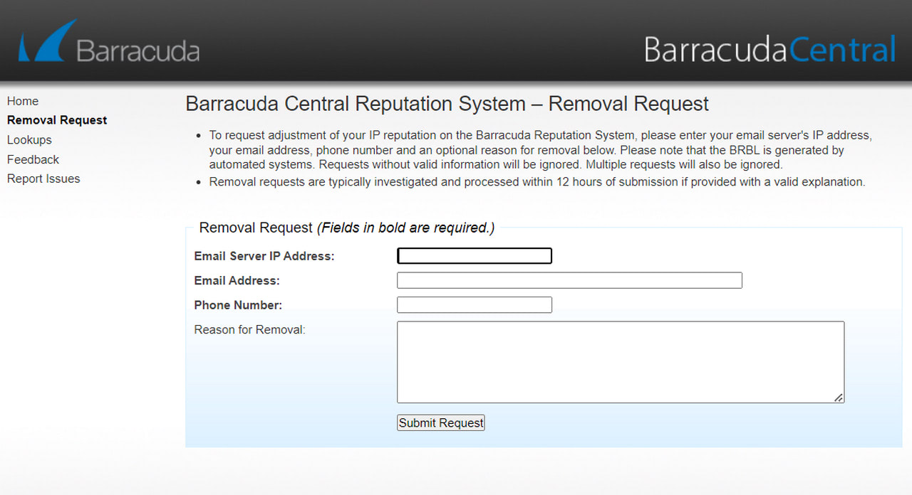 Email blacklist removal request in Barracuda