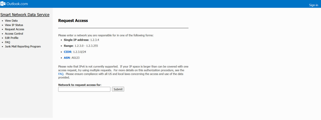 Request Access Tab in Microsoft SNDS