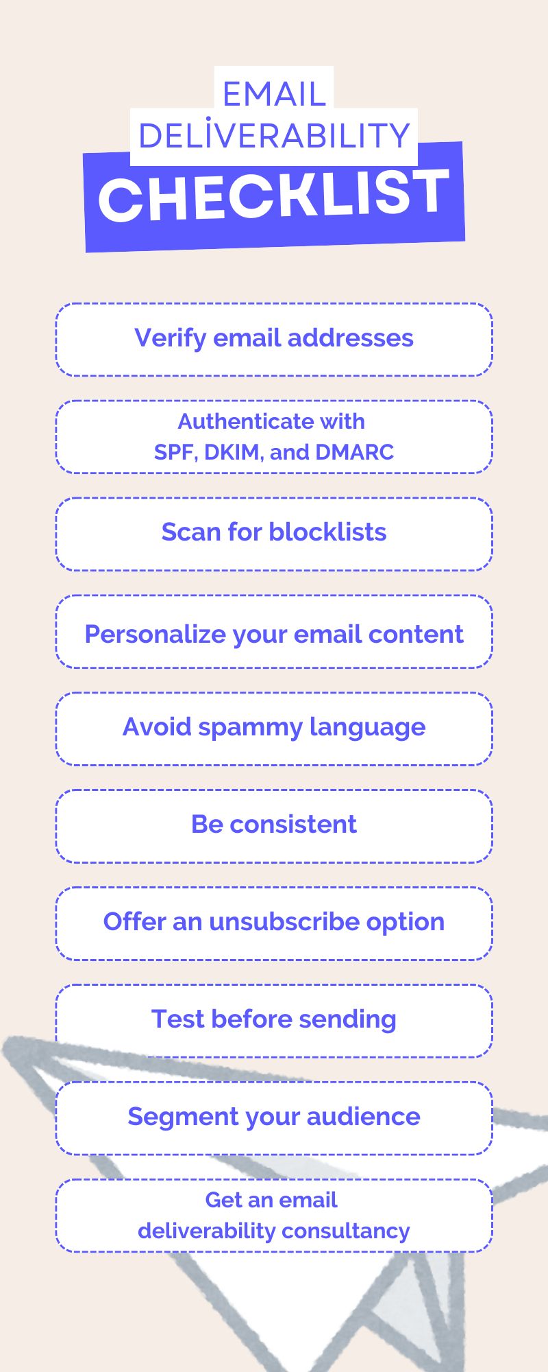 Illustration of an email deliverability checklist featuring tips for improving email success, with a paper airplane graphic in the background.