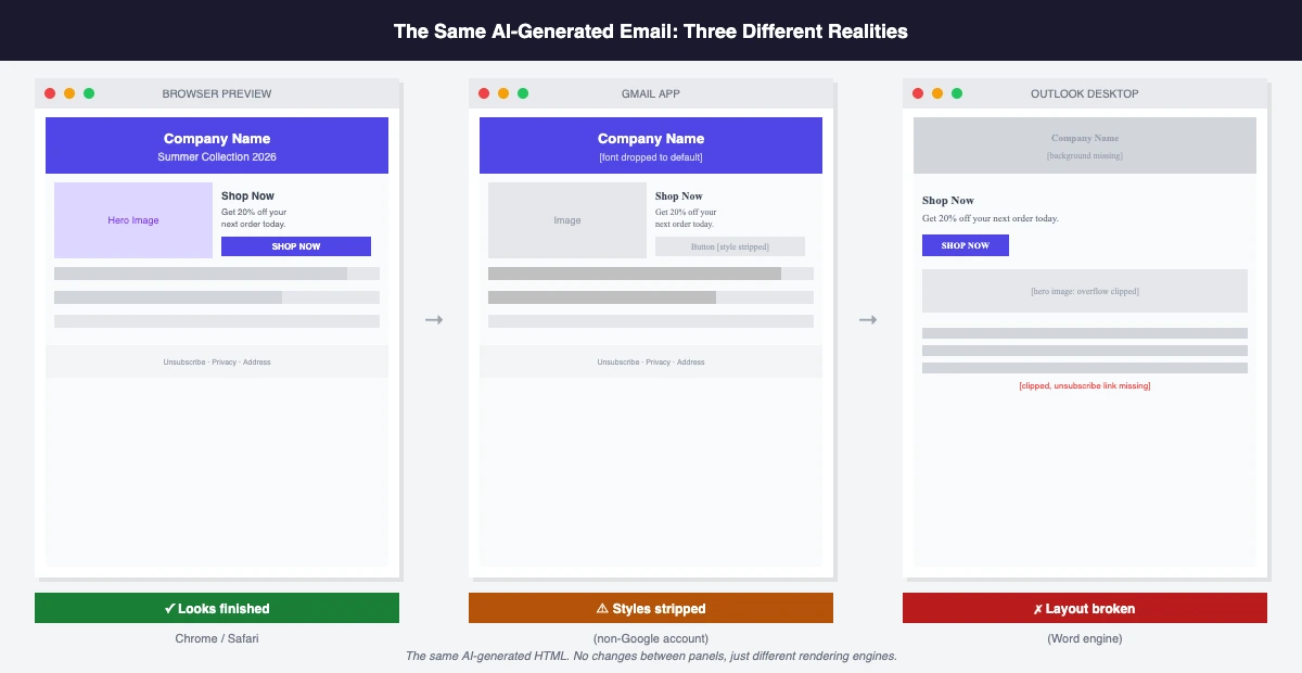 The same AI-generated email shown in three environments: a browser preview where it looks polished, Gmail where the heading font has dropped, and Outlook where the two-column layout has collapsed to a single column
