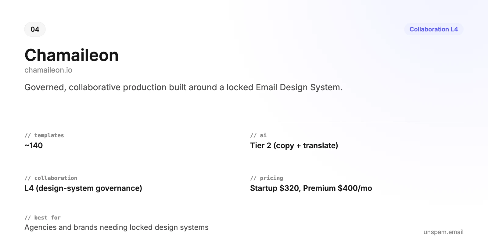 Chamaileon summary card: about 140 templates, copy plus translate AI, L4 design-system governance, $320 to $400 a month