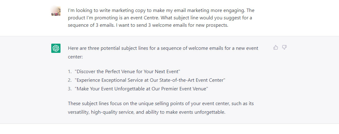 ChatGPT prompt example setting context for email marketing