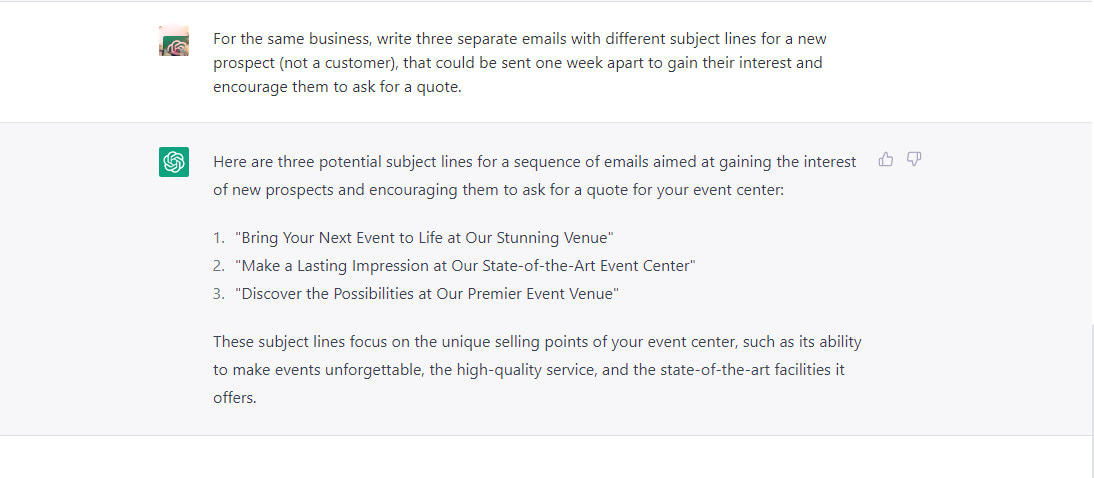 ChatGPT generating alternative subject line and copy options