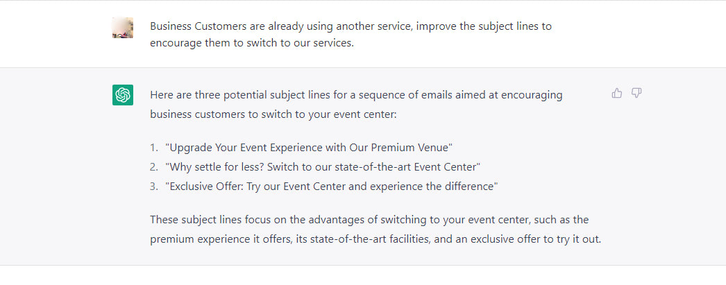 ChatGPT follow-up prompt refining an email subject line