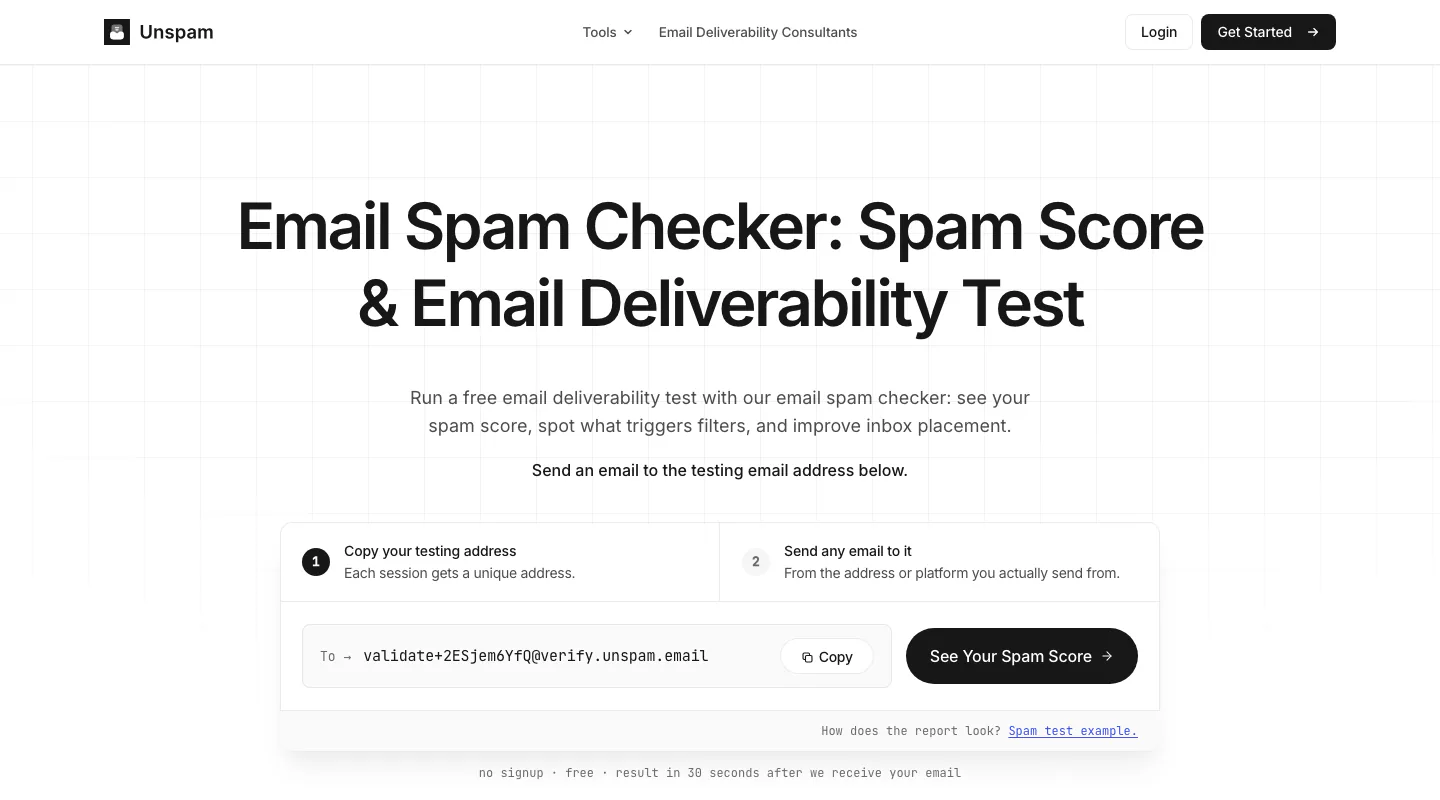 La page d’accueil du test antispam d’Unspam, avec l’adresse de test générée à laquelle vous envoyez une campagne et le bouton qui renvoie le score de spam