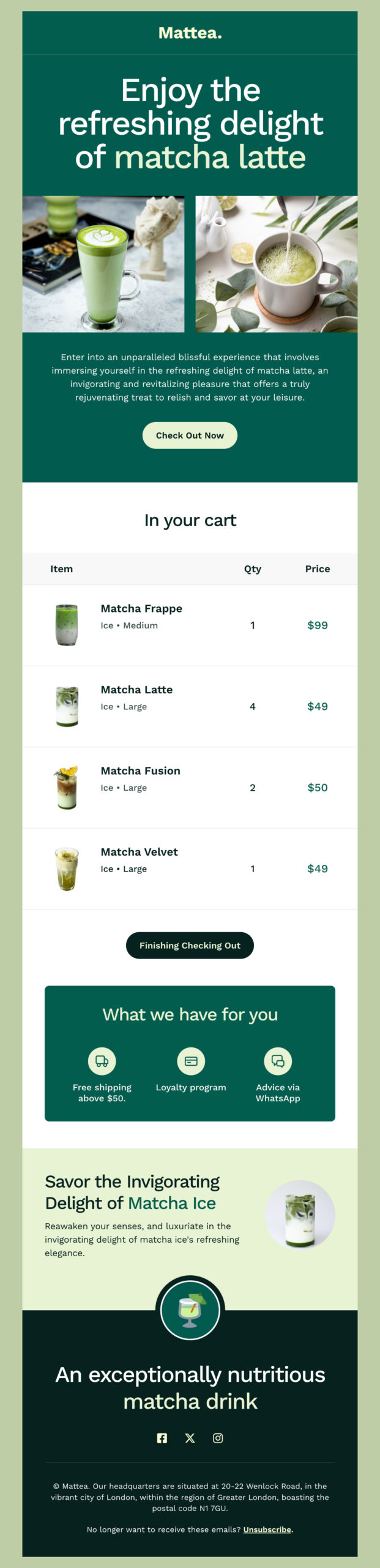 Single-column matcha cart reminder email with a product table and two checkout buttons
