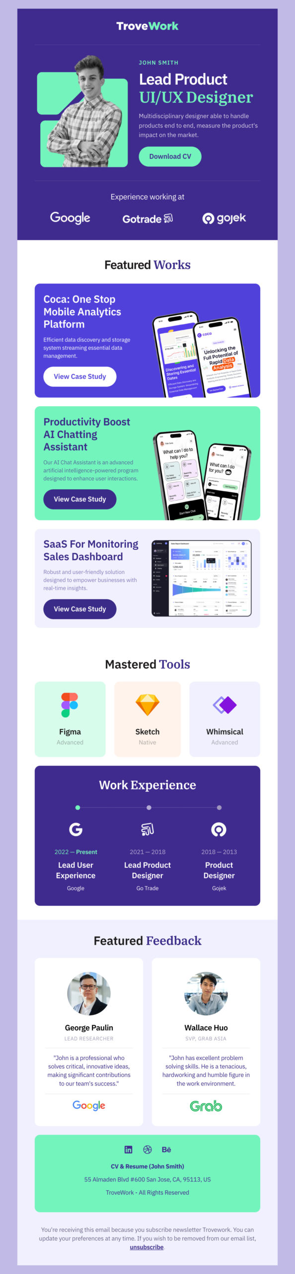 Personal portfolio newsletter with a profile header, case study cards and a work history timeline