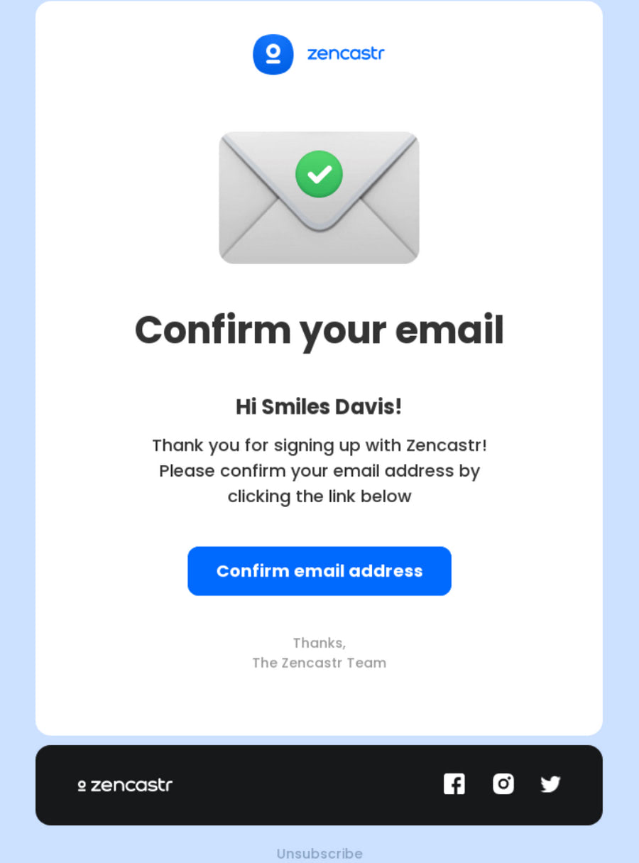 Double opt-in confirmation email example from Zencastr