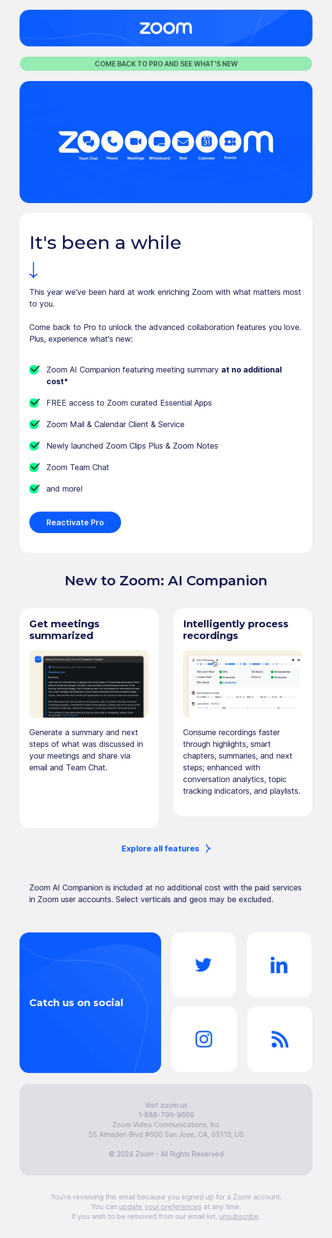 Re-engagement email campaign example from Zoom