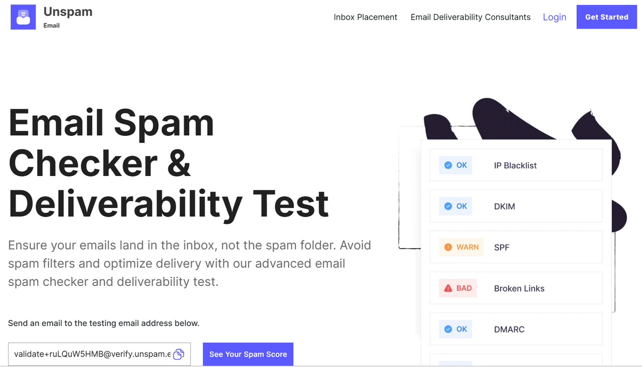 Unspam email deliverability and spam test report