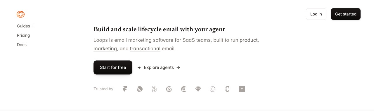 Página de inicio de Loops: titular Build and scale lifecycle email with your agent, texto sobre e-mail de producto, marketing y transaccional, botón Start for free y la fila de logos Trusted by.