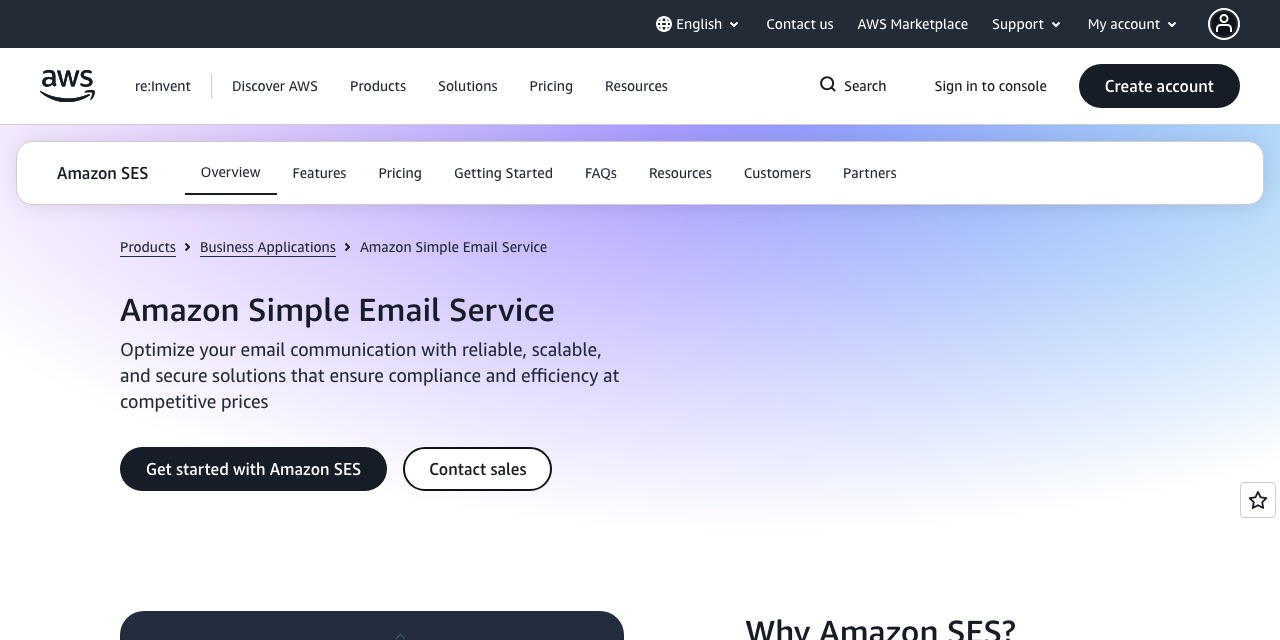 La página de AWS de Amazon Simple Email Service, con la barra de pestañas de Amazon SES, el titular del producto y los botones Get started with Amazon SES y Contact sales.