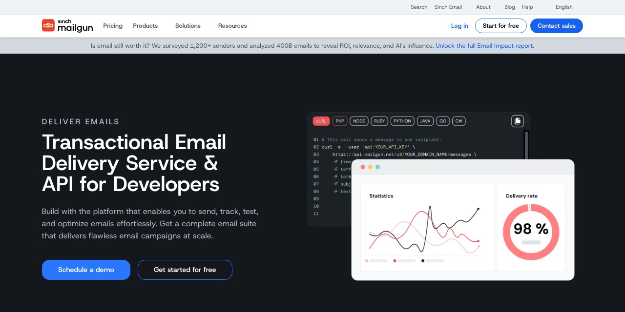 Página de Sinch Mailgun con el titular Transactional Email Delivery Service & API for Developers, un ejemplo de código cURL y un panel con gráfico de estadísticas e indicador de tasa de entrega.