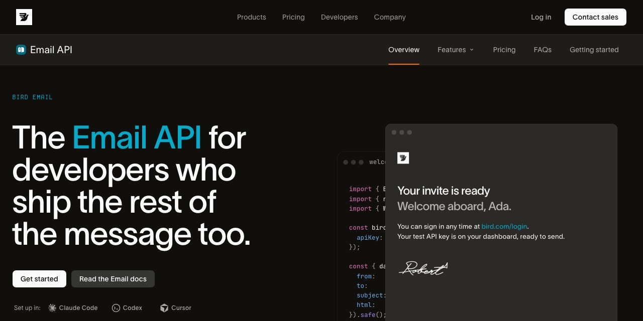 Página del producto Email API de Bird: titular The Email API for developers who ship the rest of the message too, botones Get started y Read the Email docs, y código de ejemplo tras un correo.