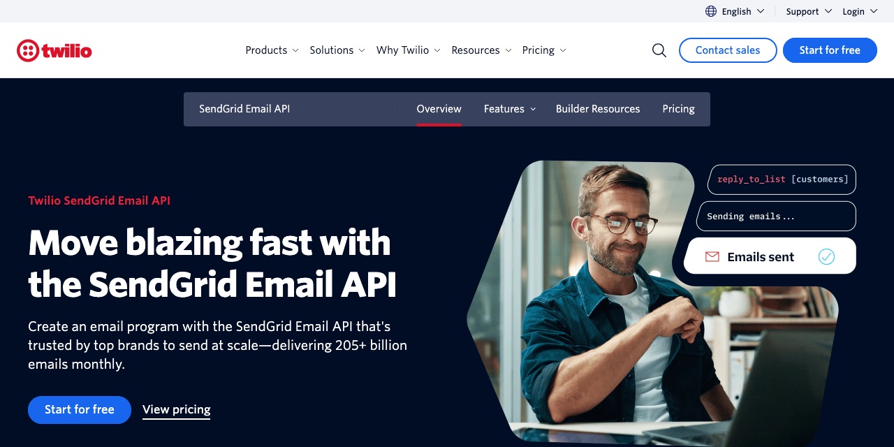 Página de producto de Twilio SendGrid Email API con el titular Move blazing fast with the SendGrid Email API, los botones Start for free y View pricing y avisos flotantes Emails sent.
