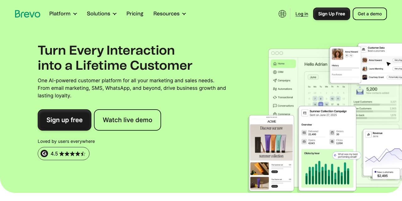 Página de inicio de Brevo con el titular Turn Every Interaction into a Lifetime Customer, los botones Sign up free y Watch live demo, y maquetas del panel con estadísticas de campañas.